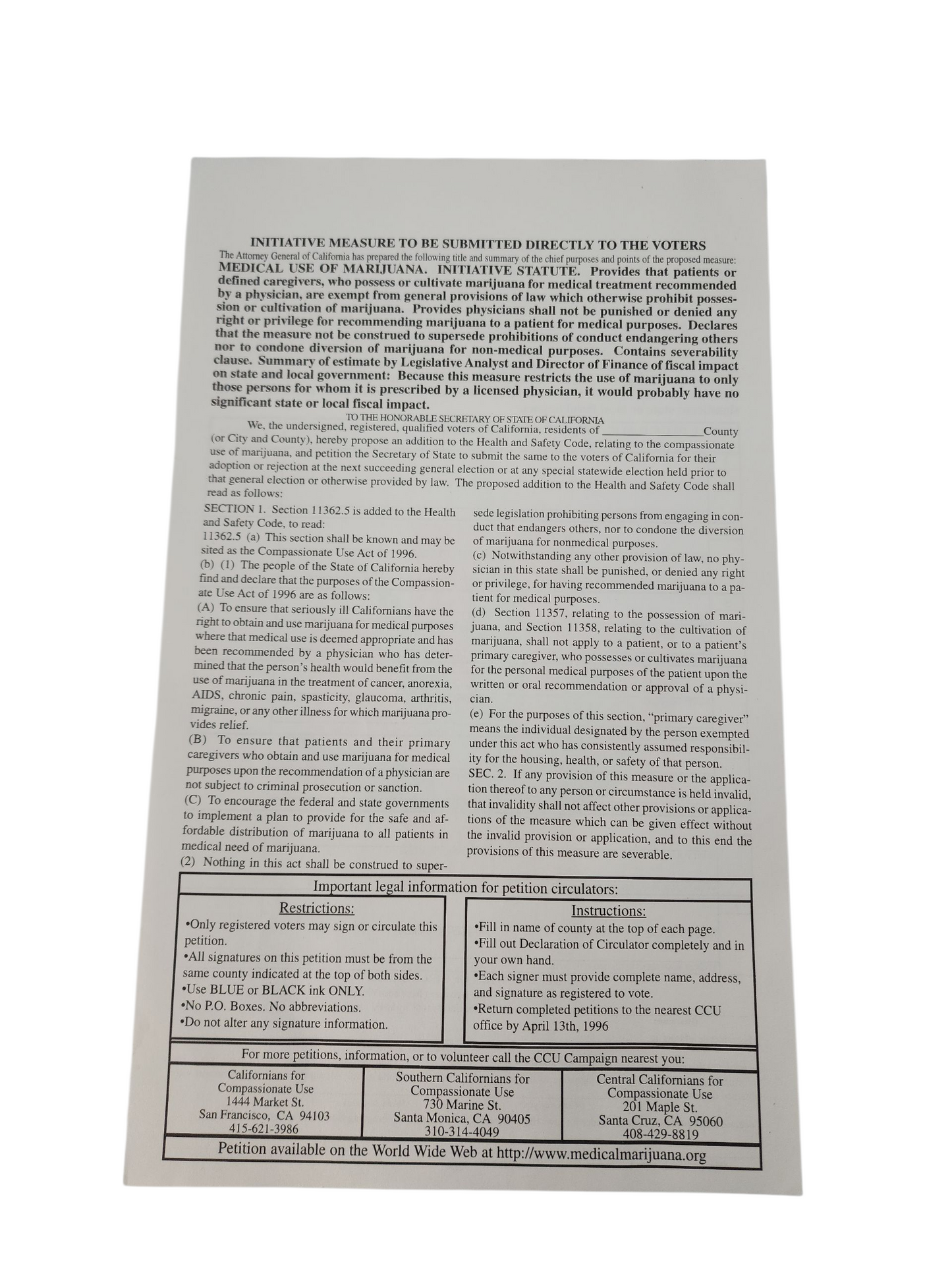 Vintage 1996 California Medical Marijuana Petition – Proposition 215 Compassionate Use Act Ephemera