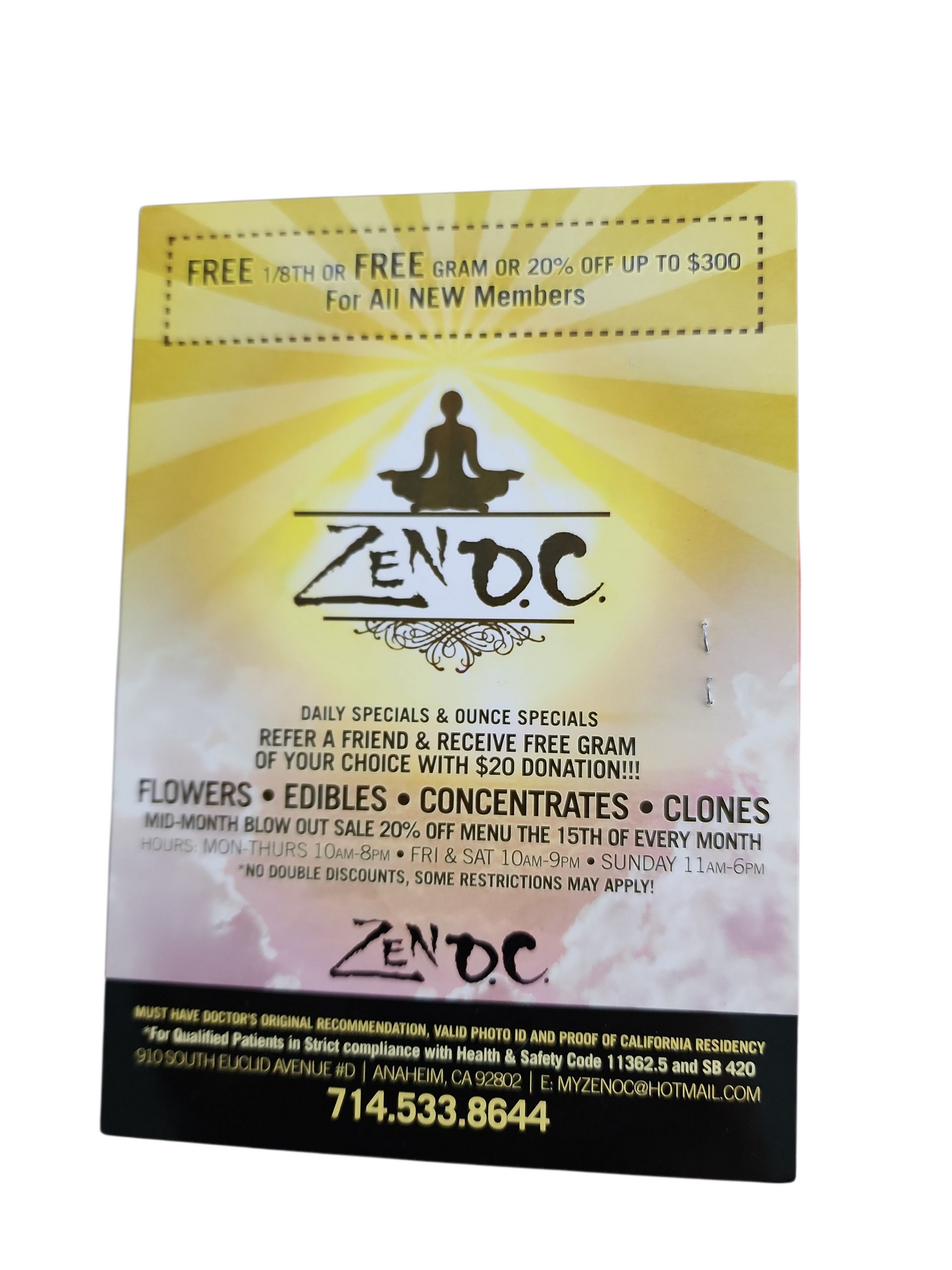 Zen OC Medical Marijuana Dispensary 2010 Postcard Advertising