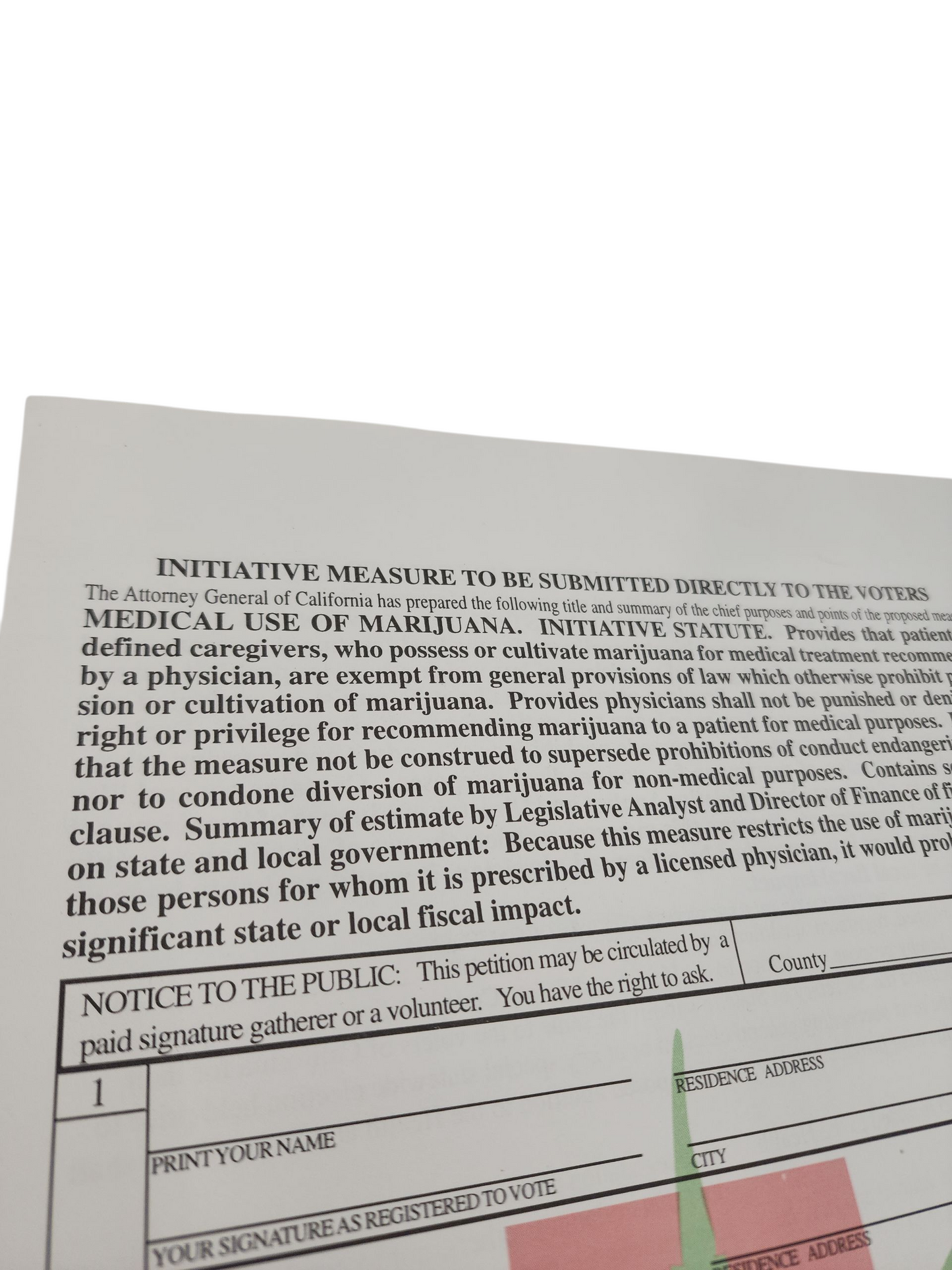 Vintage 1996 California Medical Marijuana Petition – Proposition 215 Compassionate Use Act Ephemera