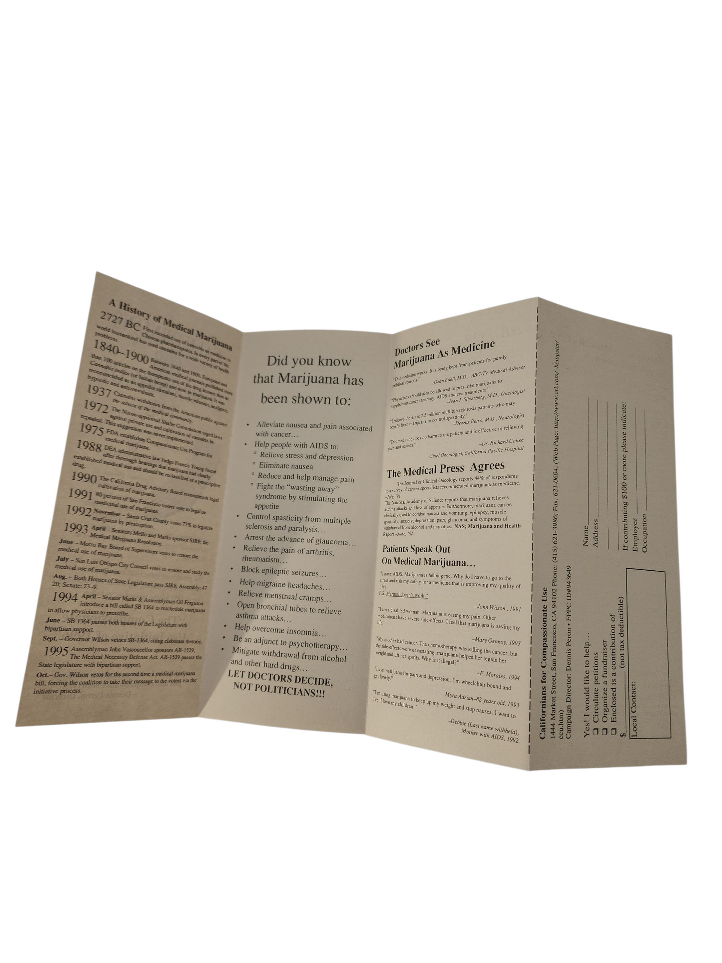 Rare Medical Marijuana Pamphlet – Dennis Peron Activism, Californians for Compassionate Use, Prop 215 Ephemera