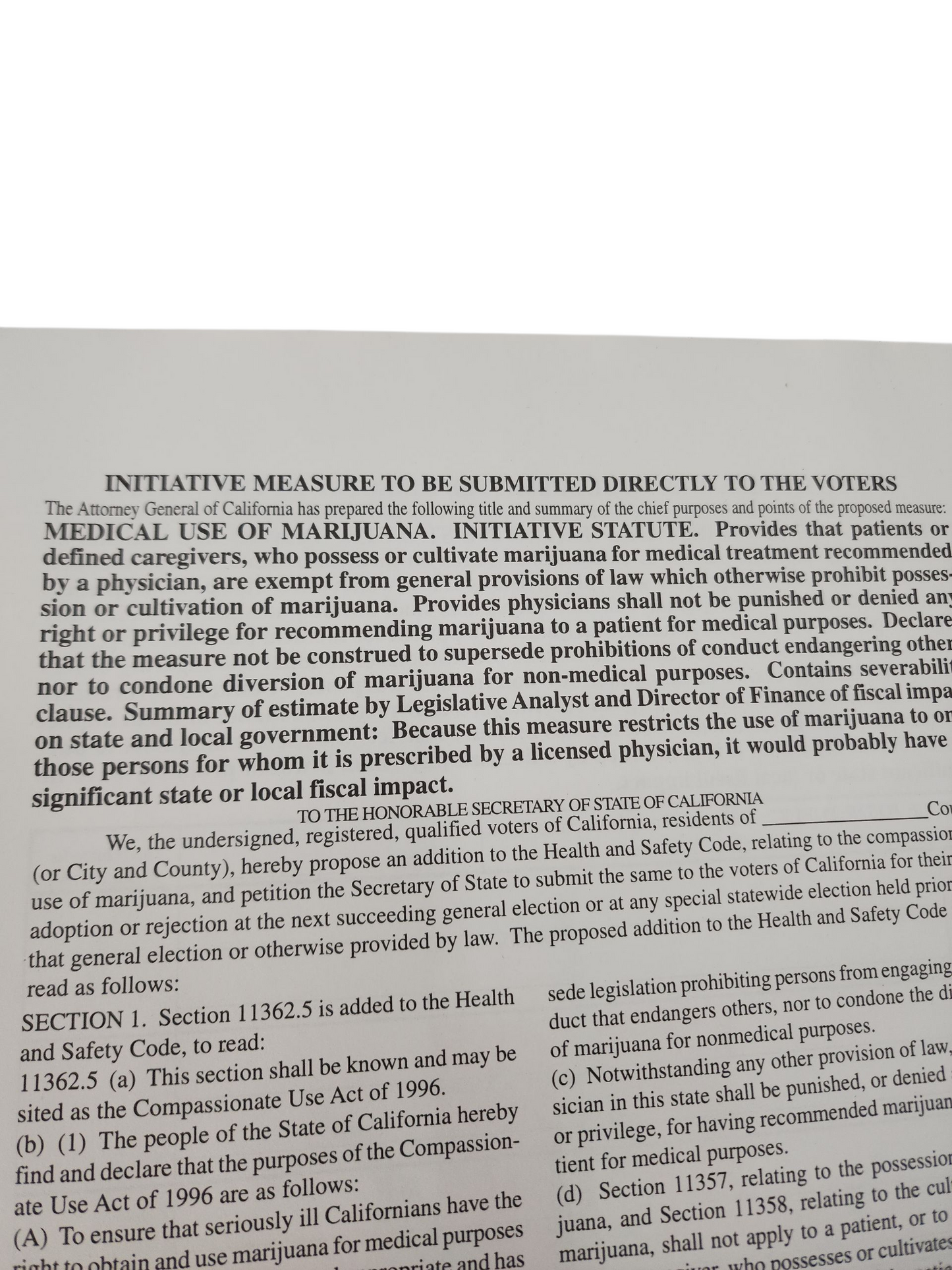 Vintage 1996 California Medical Marijuana Petition – Proposition 215 Compassionate Use Act Ephemera