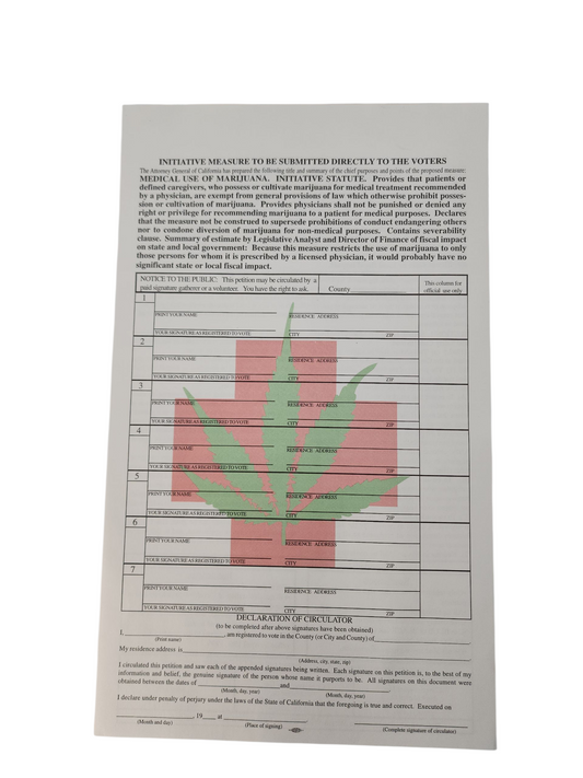 Vintage 1996 California Medical Marijuana Petition – Proposition 215 Compassionate Use Act Ephemera