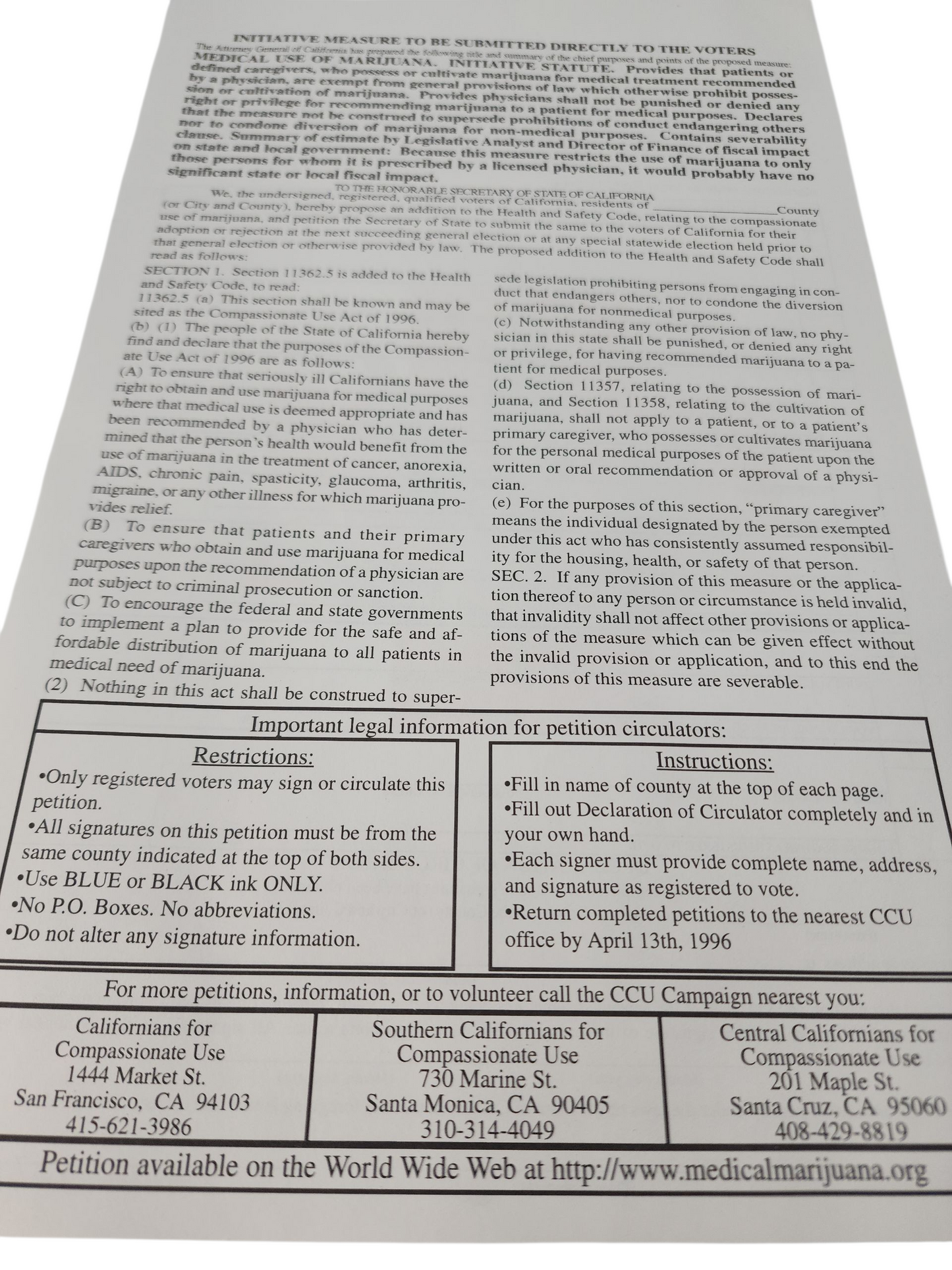 Vintage 1996 California Medical Marijuana Petition – Proposition 215 Compassionate Use Act Ephemera