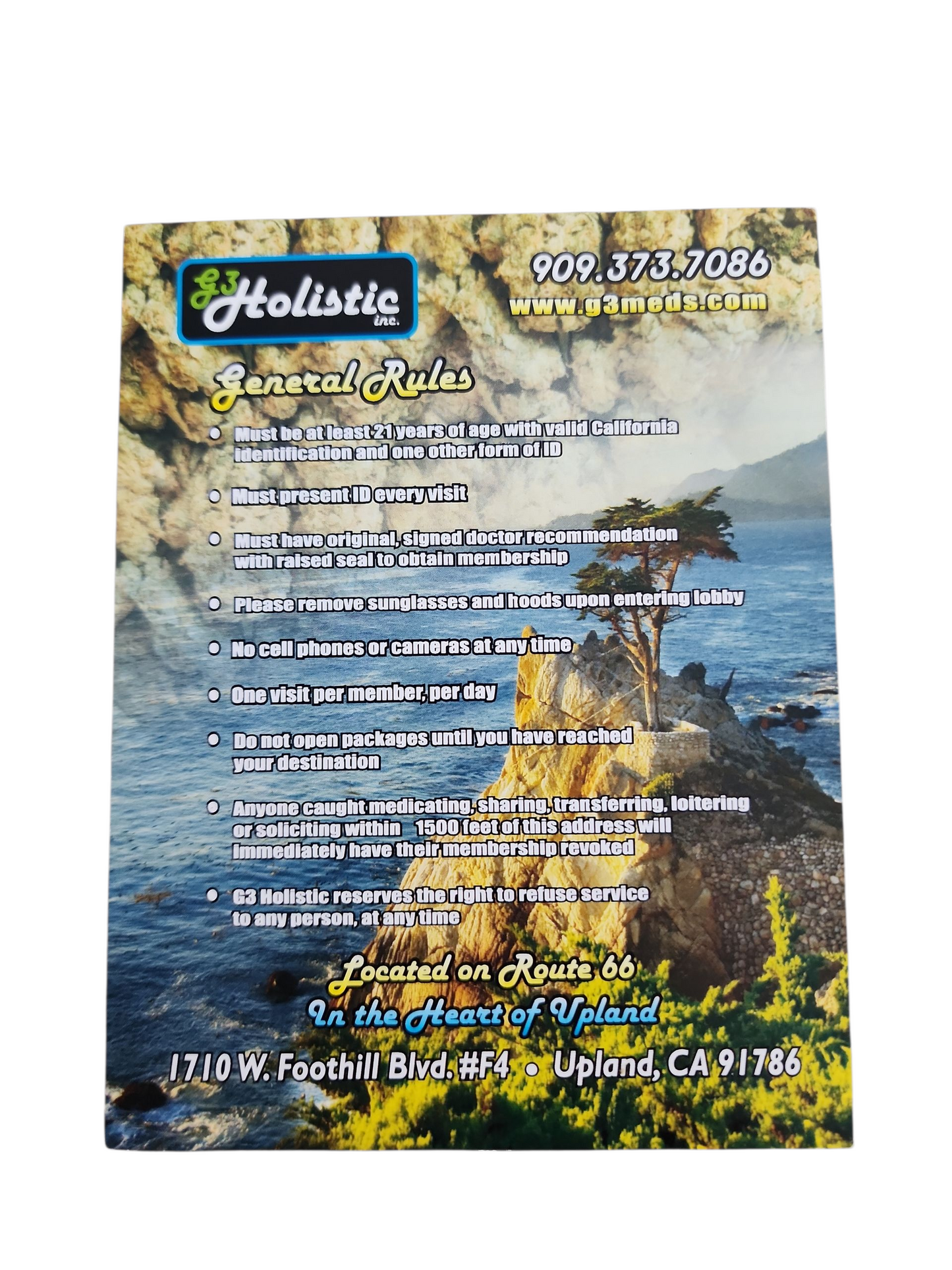 2010 - G3 Holistic Cannabis Dispensary Advertising Postcard Route 66 Upland California